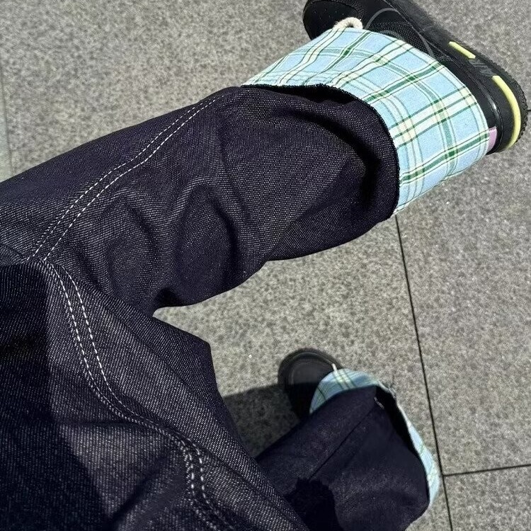2024 Niche Plaid Stitching Curled dark blue Jeans American Style Trendy Brand Thin Wide Leg Trousers for Men and Women 2024 Niche Plaid Stitching Curled dark blue Jeans American Style Trendy Brand Thin Wide Leg Trousers for Men and Women