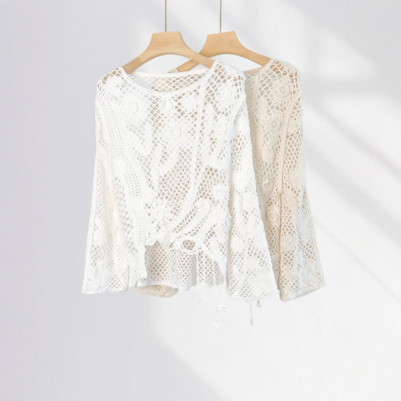 Vacation Style Outer Top with Asymmetrical Bell Sleeves, Bohemian Ethnic Style Crocheted Cut Out Knitted Blouse for Women