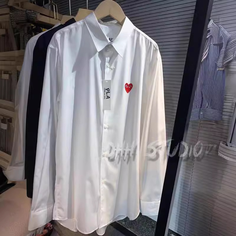 Play Cdg Comme Des Garçons Couple Style Long-Sleeve Shirt with Heart Embroidery, High-Quality Cotton, Casual Versatile Commuter Inner Wear