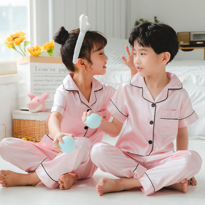 Pijamas para niños, pantalones de manga corta de seda de hielo, trajes de dos piezas para niños y niñas, rebeca de color sólido, solapa, fábrica de ropa a domicilio, orden exterior