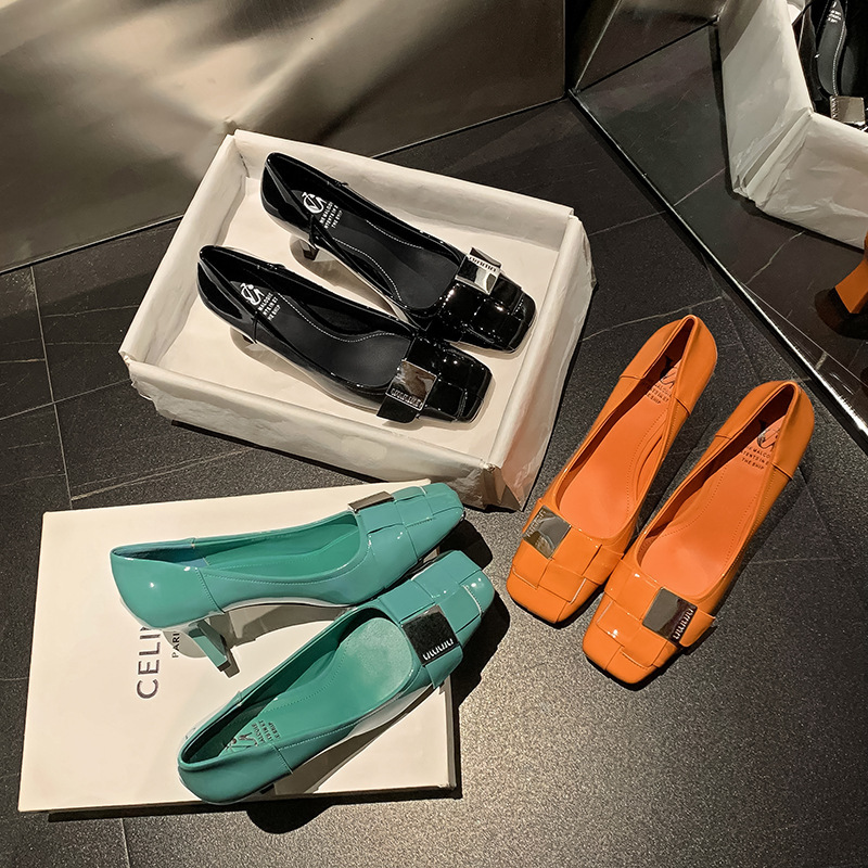 Counter 600 Metal Buckle Square Head Chunky Heel High Heels 2024 Spring Cowhide Commuter All-match Dream Love Shoes