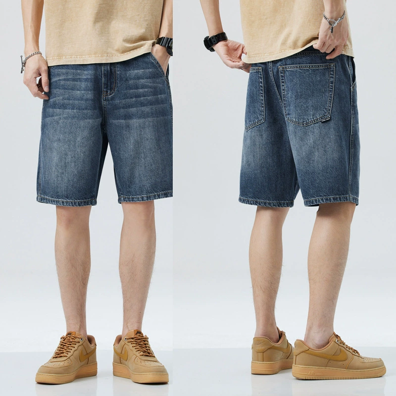Американские джинсовые шорты в стиле ретро, мужские летние тонкие высококачественные повседневные брюки, пятые брюки, потертые средние брюки оптом