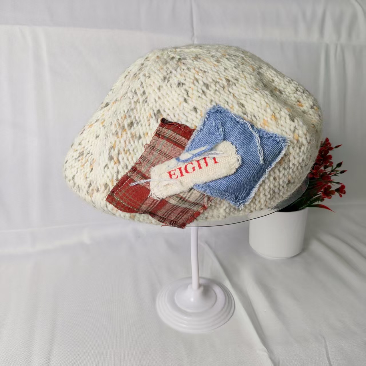 Japanischer Retro Patchwork Strickbarett Damen Herbst Winter_voghion.com