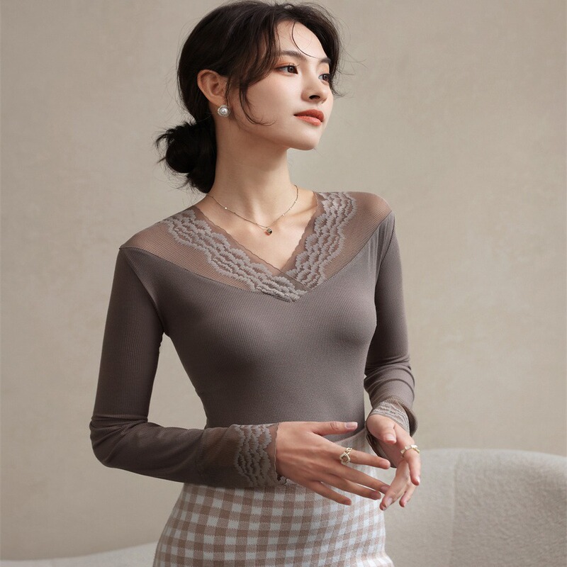 932 Spring and Autumn Lace V-Neck Top with Lace Sleeves, Versatile High Elastic Long Sleeve Base Shirt