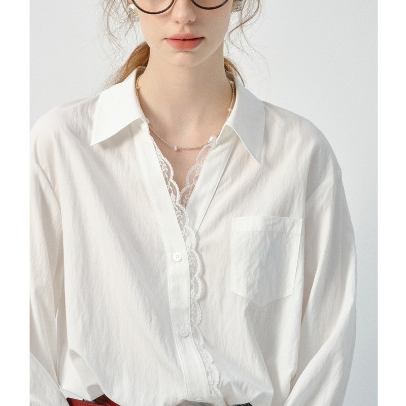 White Long-Sleeved Shirt for Women, New European Style Lace Trim Loose Top for Spring/Summer 2026