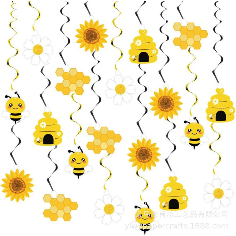 10-Piece Bumblebee Hanging Spiral Decoration Bee Theme Birthday Party Spiral Decoration Pull Flag Balloon Set
