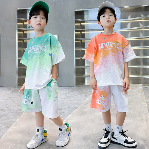 Children's sporty short sleeve set summer 2024 new middle and large size boys trendy cool basketball uniform in pure cotton