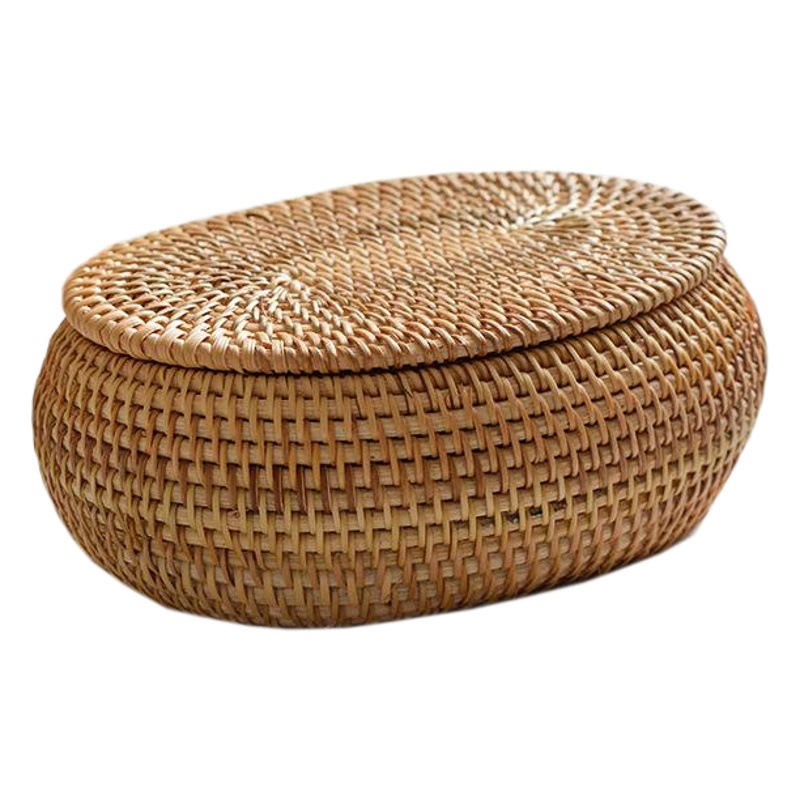 韓国秋藤編み円形茶卓雑物リモコン現代デスクトップ装飾品整理蓋付き収納ケース