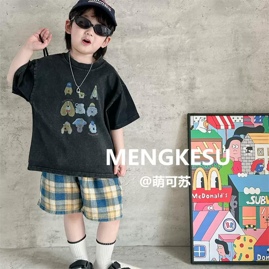 萌苏儿童水洗做旧短袖t恤宝宝纯棉夏装上衣小童体恤男童半袖日系
