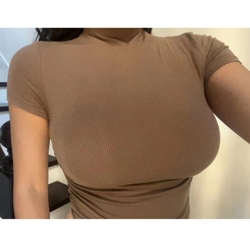 Half-high collar pure lust hot girl sports short-sleeved spring and summer tight pleated short high-elastic yoga training T