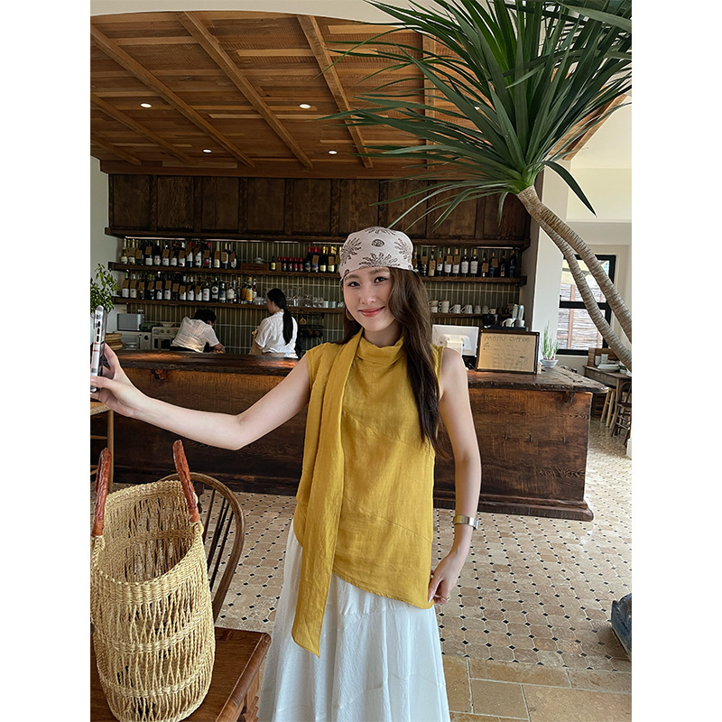 Wanwei French-Style Design Top for Women 2026 Summer New Irregular Pleated Flutter Collar Sleeveless Vest Y6282 Wanwei French-Style Design Top for Women 2026 Summer New Irregular Pleated Flutter Collar Sleeveless Vest Y6282