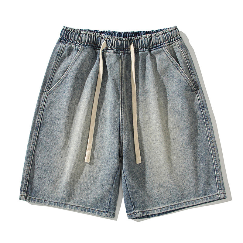 Spring and Summer New Men's Shorts with Drawstring in Yellow Mud Color, Men's Denim Knee-Length Shorts, Trendy Youth Men's Denim Shorts