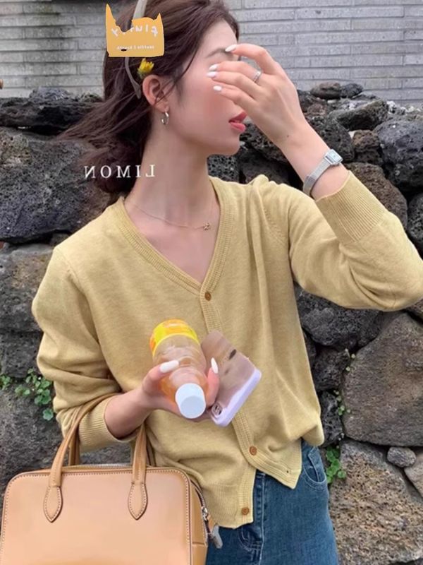 韓国風Vネックニットカーディガンジャケット女性用春秋薄手高級セーターインナーショートトップ|undefined