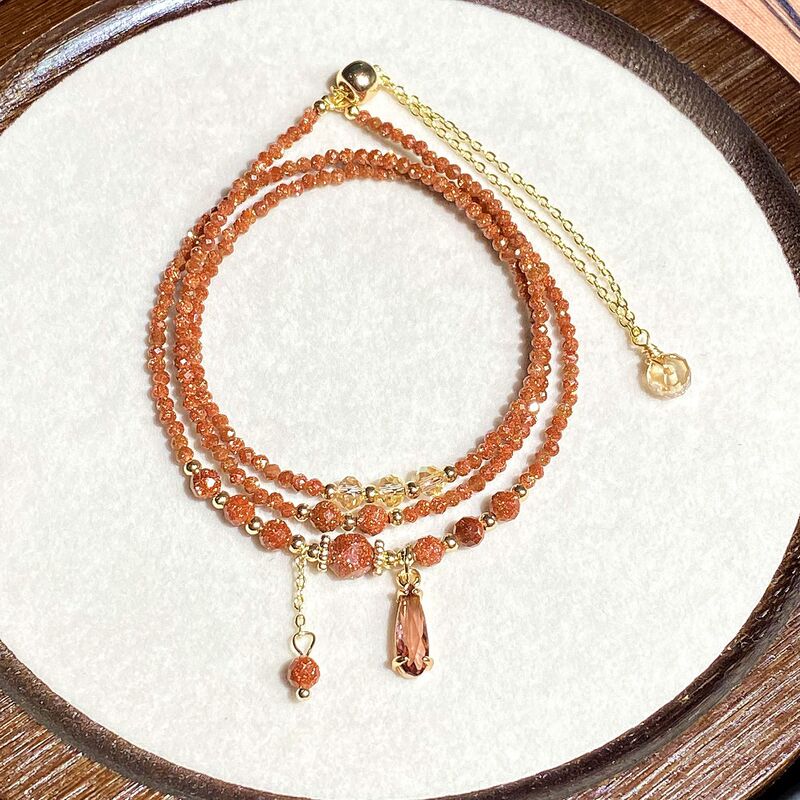 Wishing/Ultra-Shiny Gold Sandstone 14K Gold-Filled 2mm Faceted Multi-Layered Three-Circle Bracelet Bracelet Necklace for Girlfriends