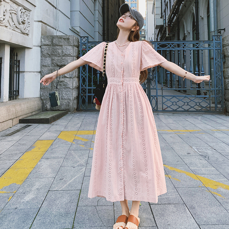 Real Shot of Pink Hollow-Out Dress for Women, Summer 2026 New Style, V-Neck, Elegant and Slimming, High-End Feel, Waist-Cinching, Ankle-Length Dress