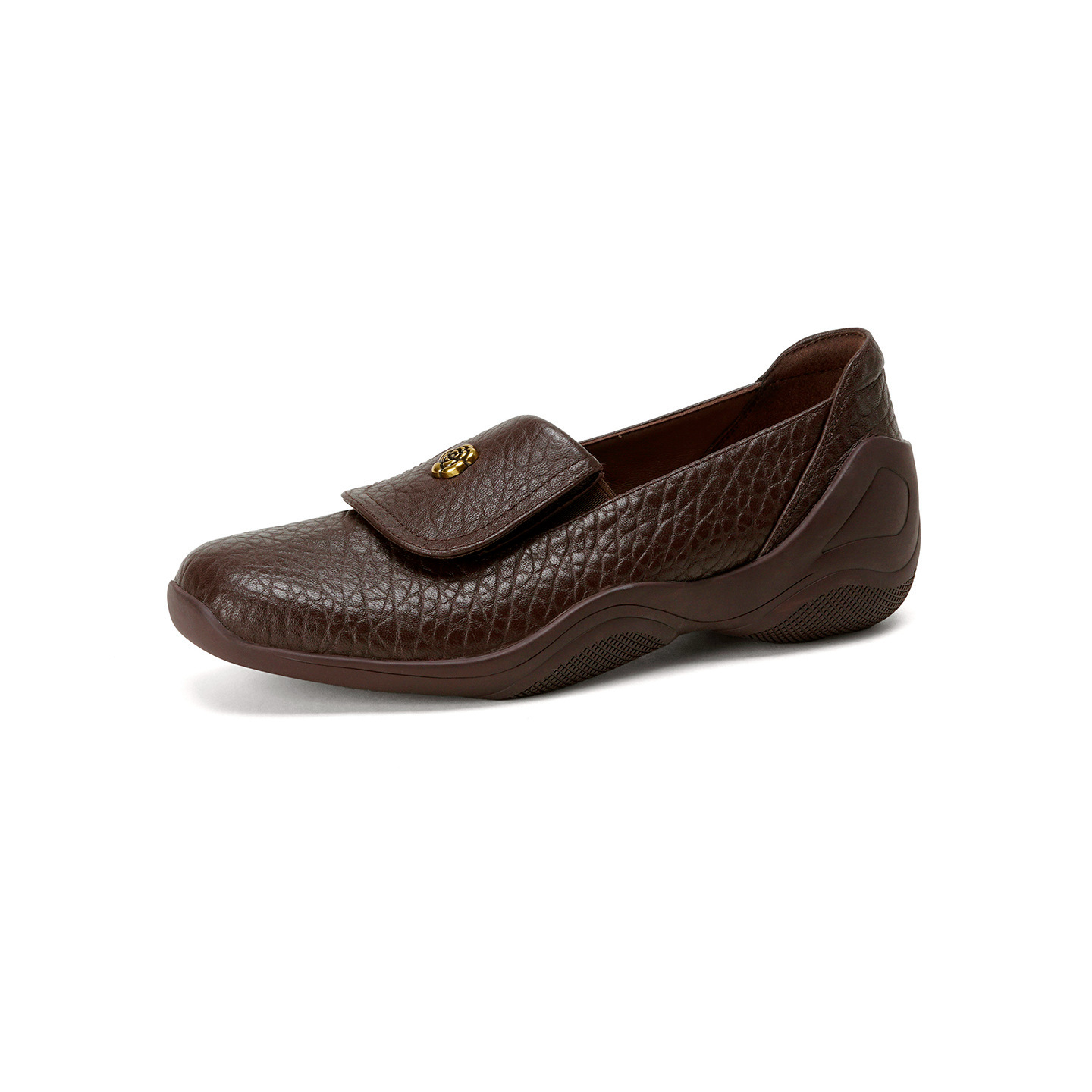 Giày loafer nữ da dê mũi tròn, gót thấp 3 cm, hoa nổi, phong cách cổ điển — màu nâu