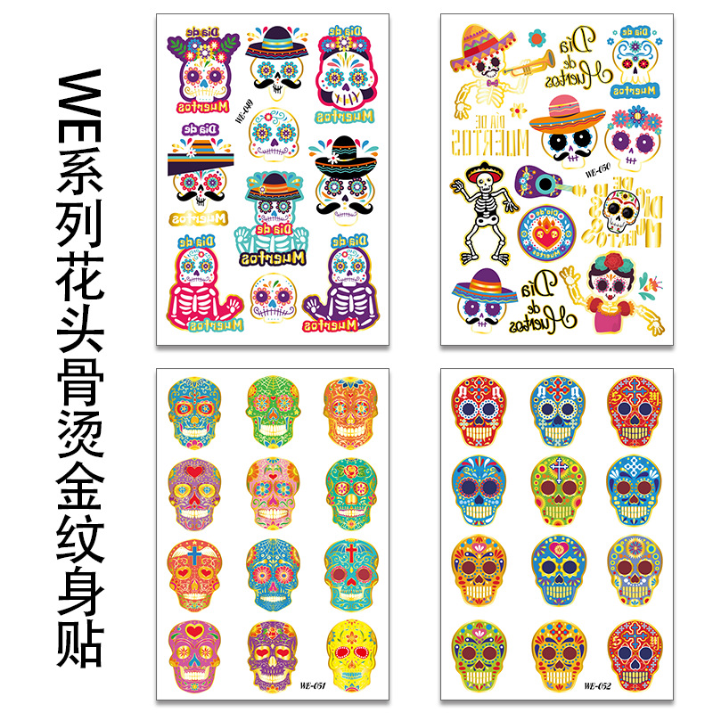Tatuajes Temporales Dorado de Halloween de Papel de Transferencia de Agua para Día de Muertos image 6
