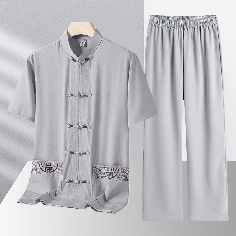Middle-aged and Elderly Tang Suit Male Grandpa Summer Suit Short-sleeved Chinese Style Two-piece Dad Suit Summer Shirt Morning Exercise Hanfu