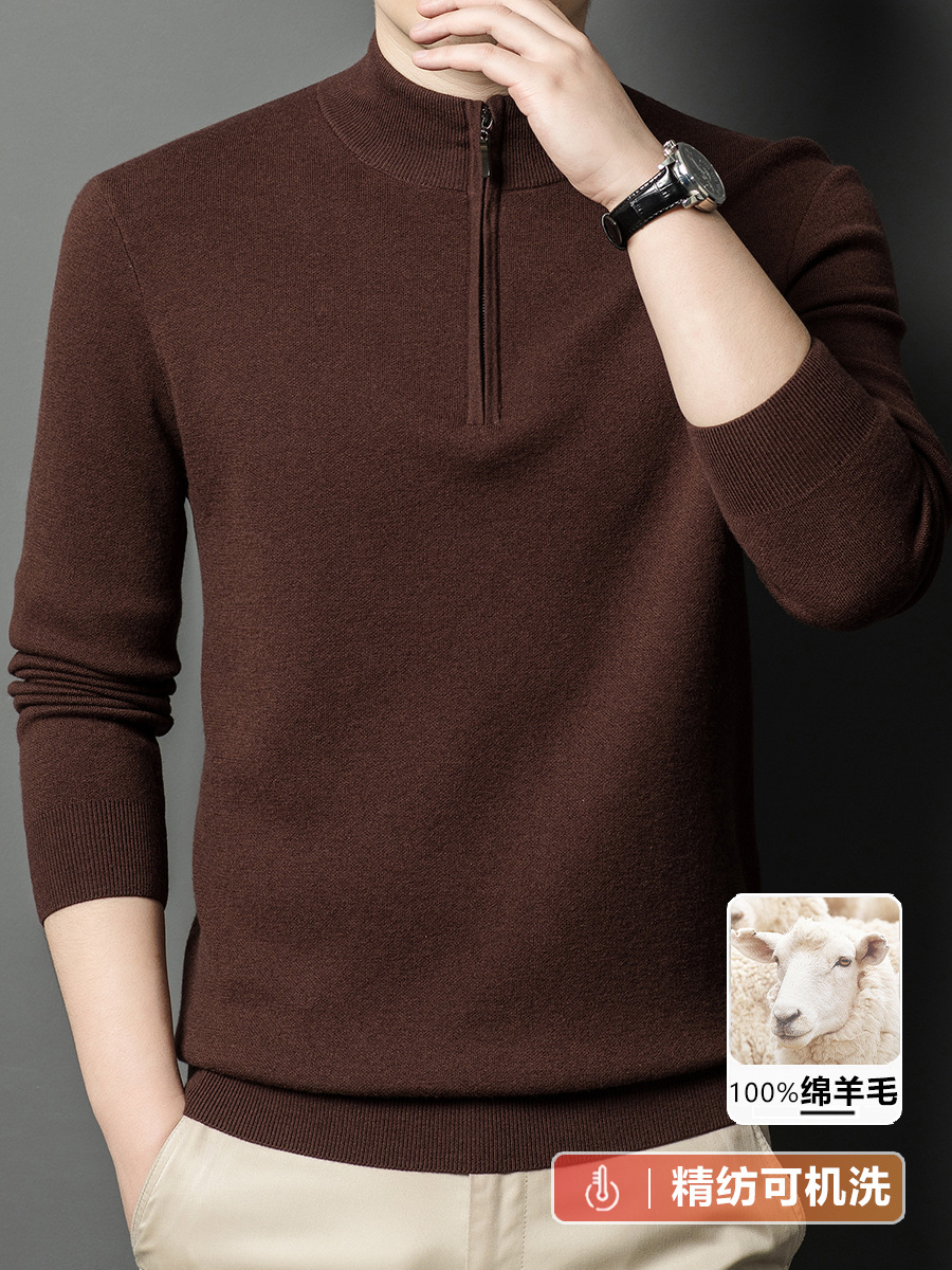 Woolen solid color keep warm sweater with zipper