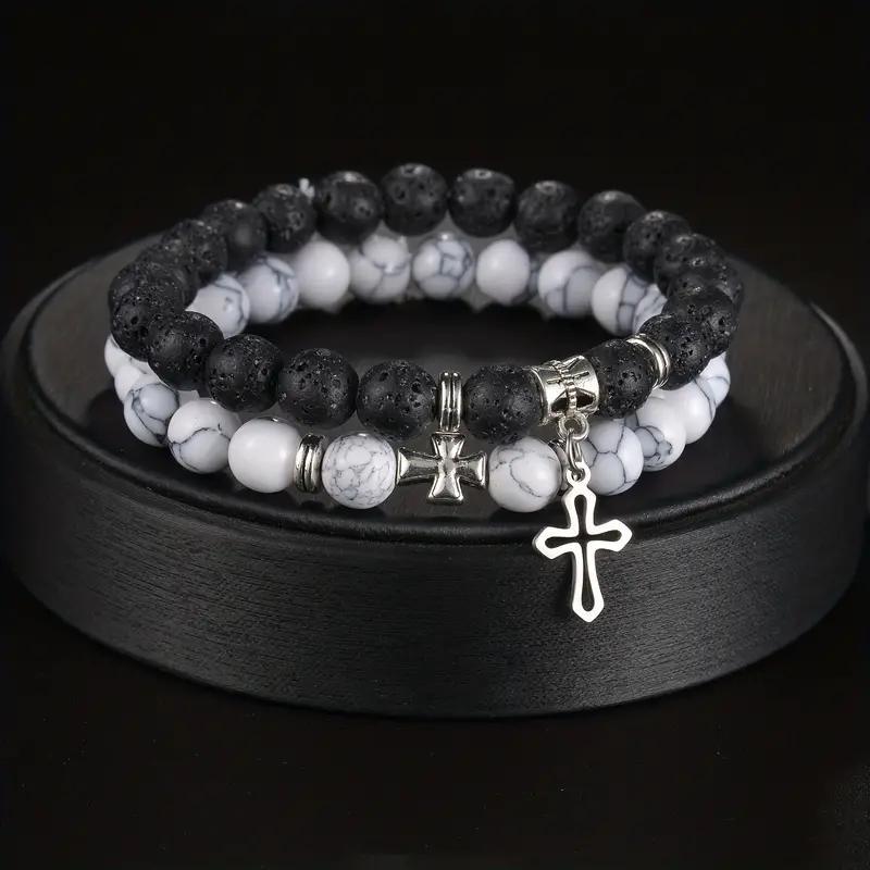 1 Pair Quantity Daily Occasion Alloy, Volcanic rock, Howlite Material Casual Retro Cross Alloy Volcanic Rock Howlite Beaded Bracelets Wholesale