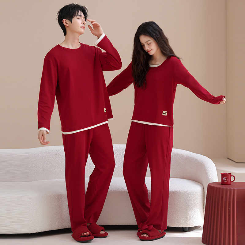 Red Couple Pajamas Spring & Fall Pure Cotton Long-Sleeved Wedding Newlywed Suit Cartoon Pullover Autumn and Winter Men's and Women's Home Clothes