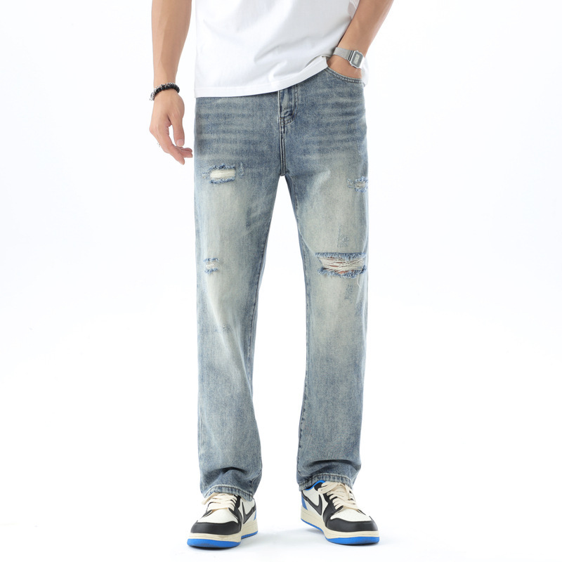 New Spring and Summer Men's Jeans Fashion Trendy Brand Four Seasons Casual Ripped Loose Straight Trendy Jeans for Men