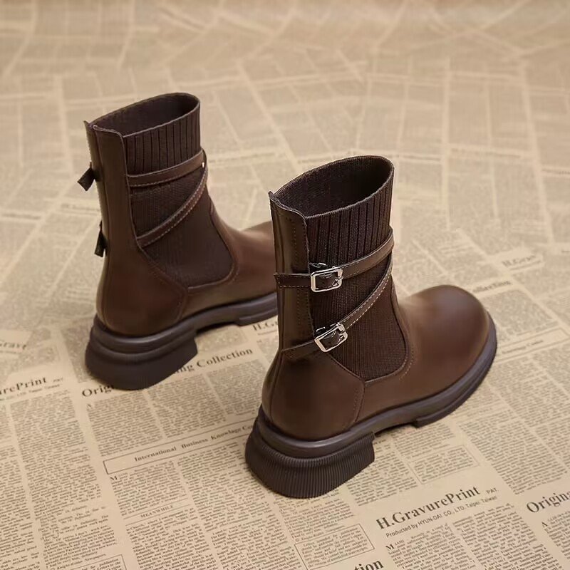 2023 Autumn/winter New Retro Socks and Boots Brown Thick Soled Thick Heel Thin and Thin Boots Korean Short Boots_voghion.com