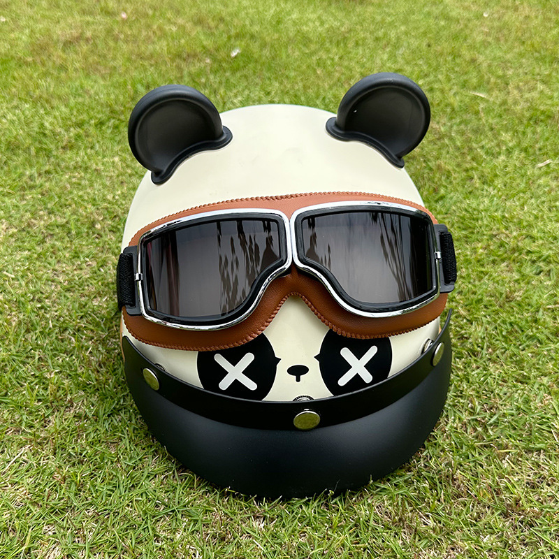 Motosiklet kaskı (dəbilqə) — Motuoche Electric Motorcycle Cartoon - beige-panda-gift-retro-goggles