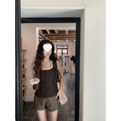 neurcz 条纹棕色假两件蕾丝方领无袖收腰上衣女夏季复古背心