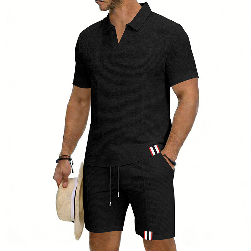 Men's Summer Waffle Knit Polo Shirt And Shorts Set, Casual Breathable Comfort Outfit For Daily Wear ​​Lightweight & Quick-Drying Fabric​_viptrois.com