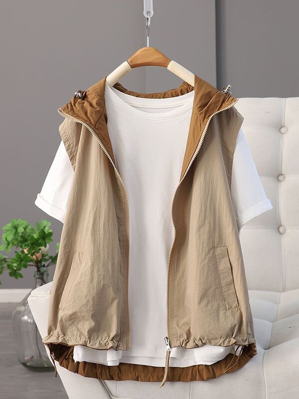 Summer Reversible Hooded Casual Vest for Women 2025 Sleeveless Korean Style Color-Blocking Fashion Vest Jacket Top Summer Reversible Hooded Casual Vest for Women 2025 Sleeveless Korean Style Color-Blocking Fashion Vest Jacket Top