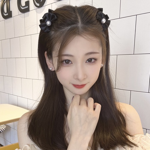 Black Two-Sided Bow Hair Clip Princess Hair Pin Satin Surface Pearl Small Forehead Hair Clip Fringe Hair Clip Hairpin Head Accessory