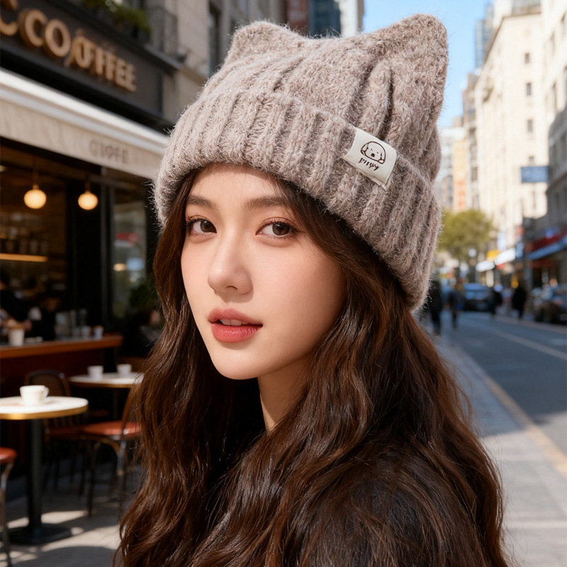 韩版猫耳朵毛线帽子女冬2025新款保暖护耳针织帽显脸小可爱套头帽|undefined