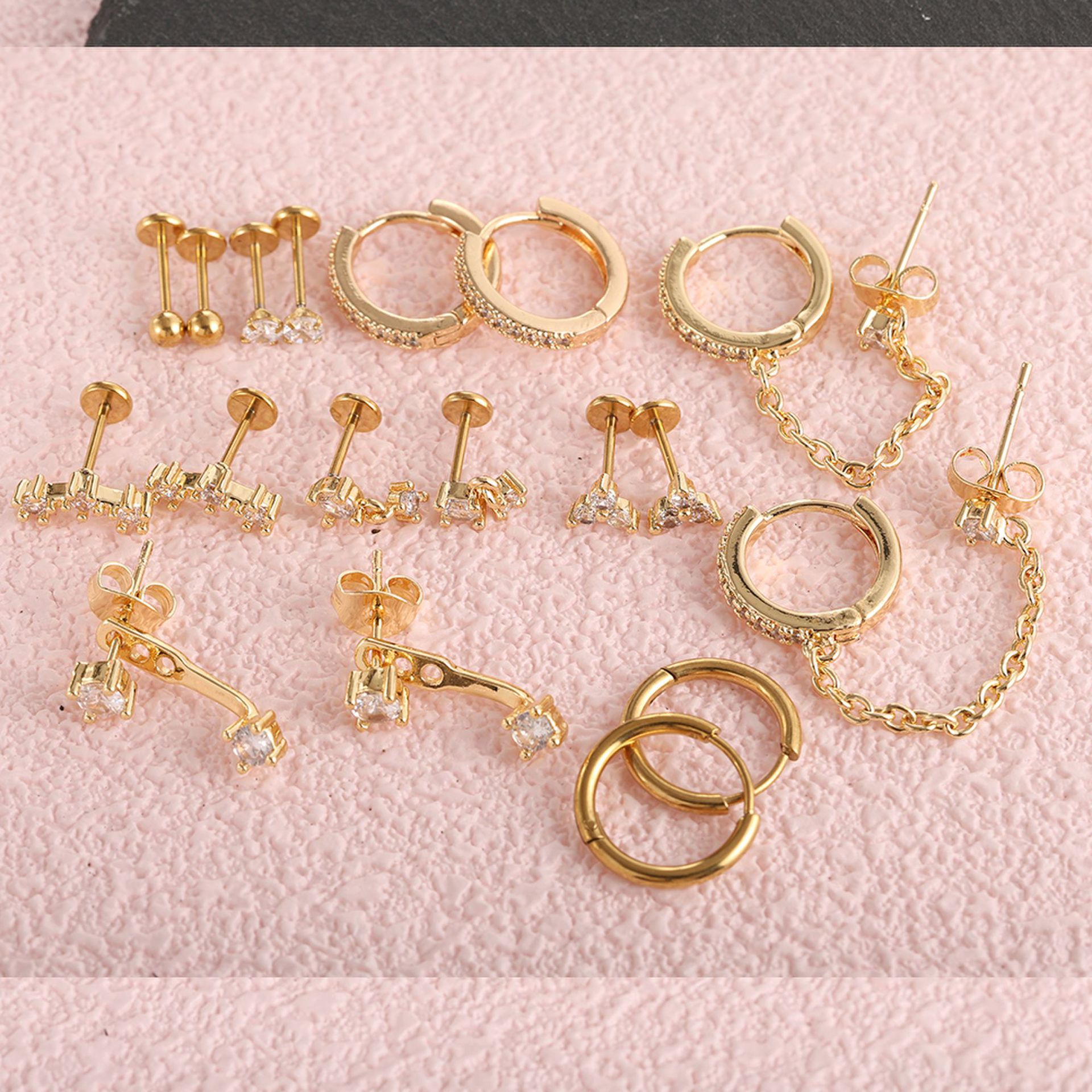 20 Piece Stainless Steel Lip Studs and Ear Cartilage Hoops Set, 20G Real Gold Plated Zircon Earrings detail image 7