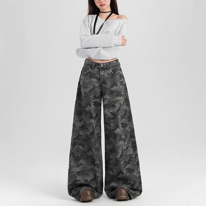 American High Street Camouflage Wide-Leg Jeans for Women 2026 New Style Petite Loose Slimming Denim Wide-Leg Pants for Women