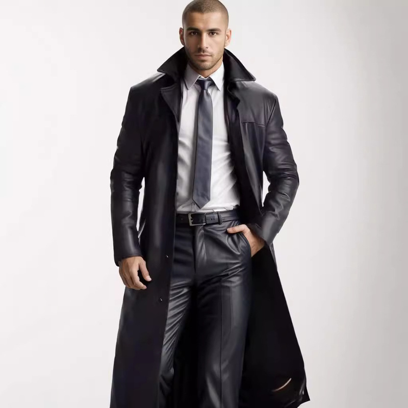 Hot Selling Cross-Border Spot Men's Clothing Extended Windbreaker Men's Fashion Extended Pu Leather Jacket Slim Fashionable Leather Jacket