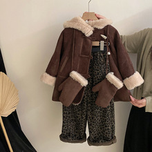 韩版女童冬季新款毛绒连帽中长款外套2025百搭加绒豹纹裤两件套潮