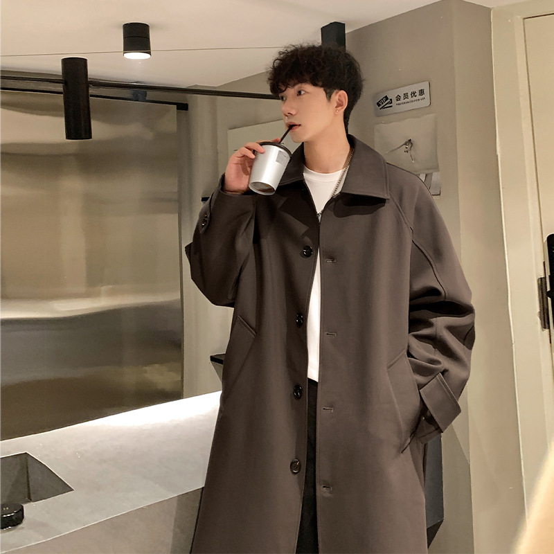 日本の春秋の襟をめくる風の服の男性の中で長いタイプの英倫の風のコートの潮流のゆったりしている通勤のレジャーのコートの韓国版|undefined