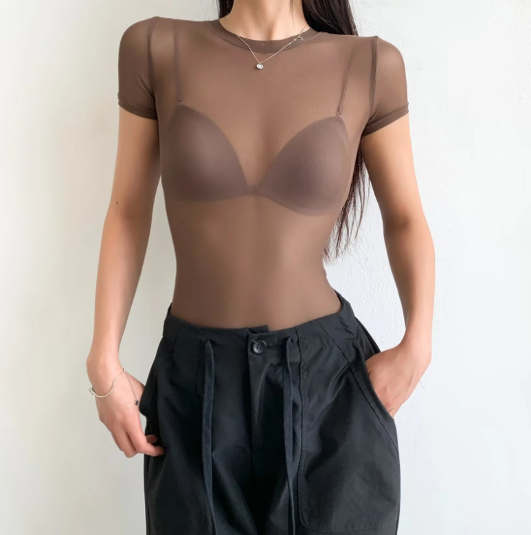 Pure Lust Style Elastic Tight Mesh Slightly See-Through One-Piece T-Shirt for Hot Girls Pure Color Round Neck Hidden Button Short-Sleeved Top