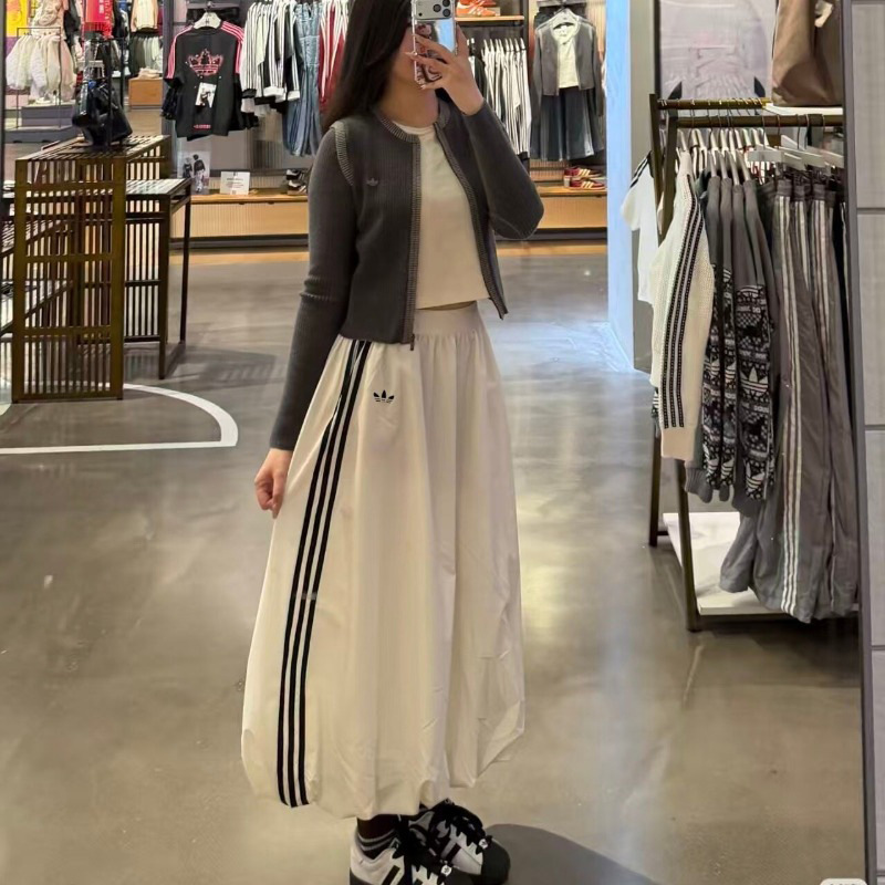 高版本三条杠花苞半身裙女春夏季运动三叶草慵懒风中长款A字长裙