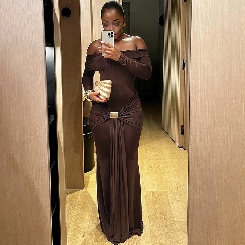 European And American Style Women's Fashion 2024 Autumn Winter New Fashionable Elegant Off-Shoulder Solid Color Long_ecoleips.com