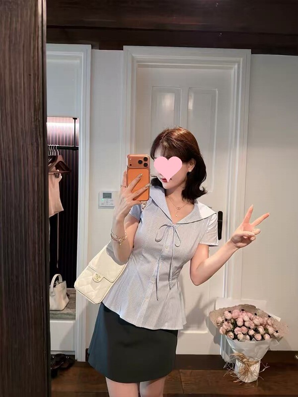 Lei Yingjun's Sea Breeze Dream Navy Collar Blue and White Striped Short-Sleeve Shirt for Women with Lace Bow Embroidery Lei Yingjun's Sea Breeze Dream Navy Collar Blue and White Striped Short-Sleeve Shirt for Women with Lace Bow Embroidery