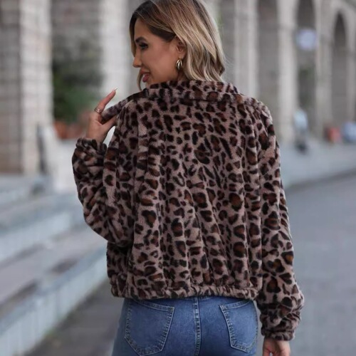 Flash velvet 2026 cross-border women's clothing Amazon Europe and America autumn and winter new loose zipper long-sleeved leopard print plush coat