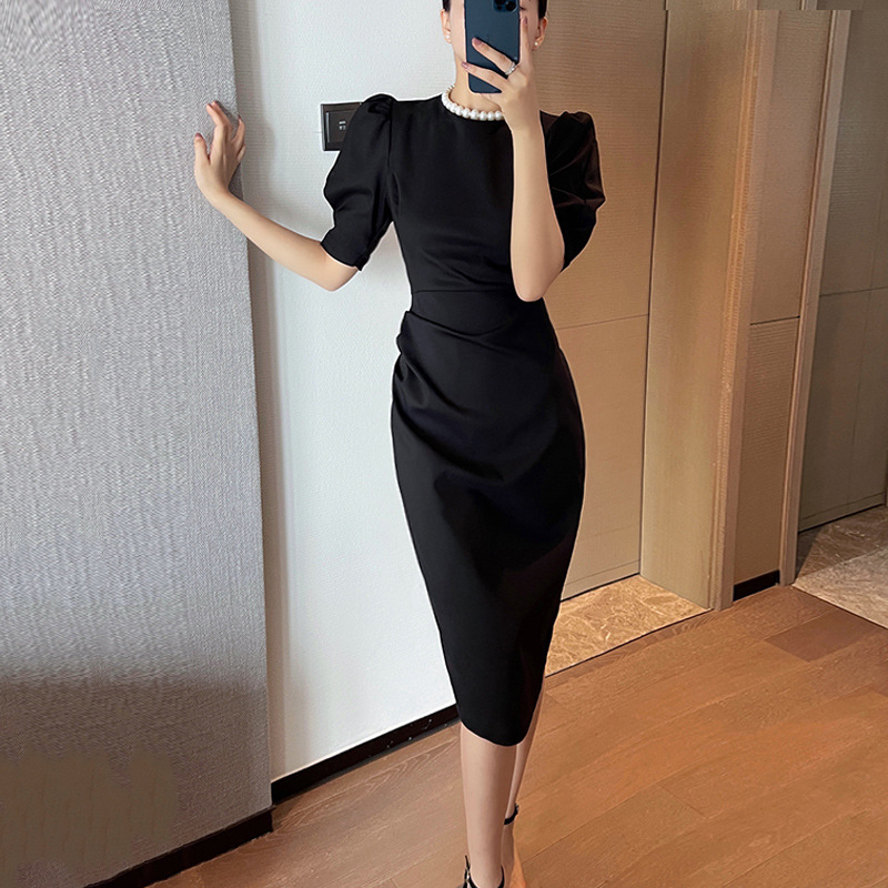 Women's Short Dress 2026 New Summer Style Puff Sleeve Slim Fit Hip-Hugging Mid-Length Black Elegant Everyday Dress Women's Short Dress 2026 New Summer Style Puff Sleeve Slim Fit Hip-Hugging Mid-Length Black Elegant Everyday Dress