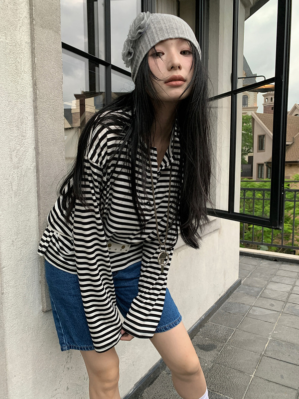 [9hour]美式洋气半排扣条纹t恤女 2025秋季长袖天丝上衣女c250322|undefined