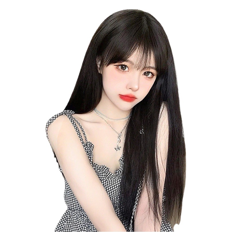 AliExpress wig female long straight hair high temperature silk mechanism full head cover long hair fashion air bangs factory direct