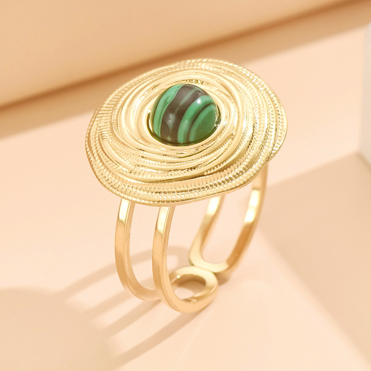 국경 복고풍 궁전 스타일 천연석 상감 기하학적 원형 개방 스테인레스 스틸 반지 여성 반지 중동 공급