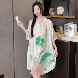 跨境外贸冰雪丝睡裙女士夏甜美四叶花高级感纯欲少女风睡衣家居服