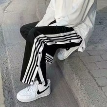 2025夏薄款韩版潮流条纹直筒侧排扣裤宽松休闲阔腿篮球运动裤子男