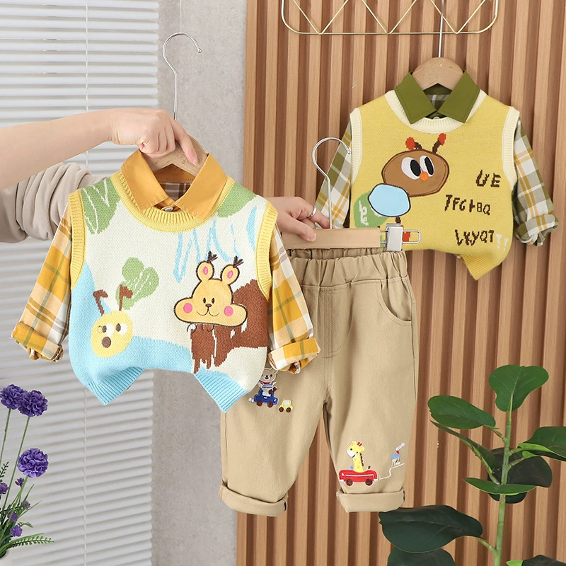 Spring set for boys, children's cartoon vest, autumn shirt, children's clothing, 3 piece set